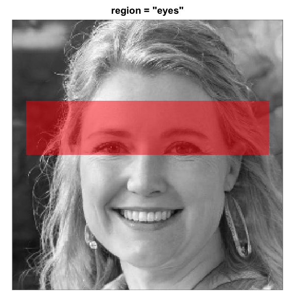 The eight built-in face-region masks rendered over the same artificial-person base face (256 x 256). Each translucent red overlay marks the pixels that pass through the mask; pixels outside are excluded from the analysis. All eight region geometries are this package's heuristics for a centred-portrait base. The three rectangle eye regions are independent of the full-oval geometry and tunable via `region_bounds`.