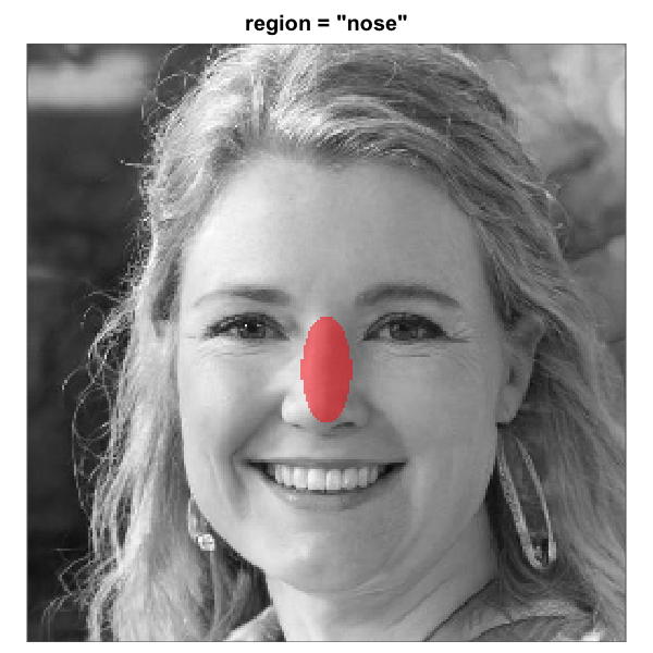 The eight built-in face-region masks rendered over the same artificial-person base face (256 x 256). Each translucent red overlay marks the pixels that pass through the mask; pixels outside are excluded from the analysis. All eight region geometries are this package's heuristics for a centred-portrait base. The three rectangle eye regions are independent of the full-oval geometry and tunable via `region_bounds`.